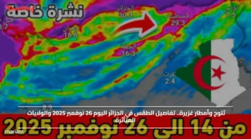 ثلوج وأمطار غزيرة.. تفاصيل الطقس في الجزائر اليوم 26 نوفمبر 2025 والولايات المتأثرة